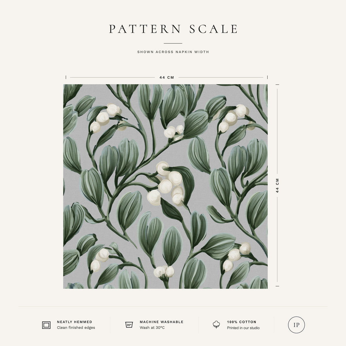 Silver grey Mistletoe Christmas napkin pattern scale, showing the full 44 cm by 44 cm design.