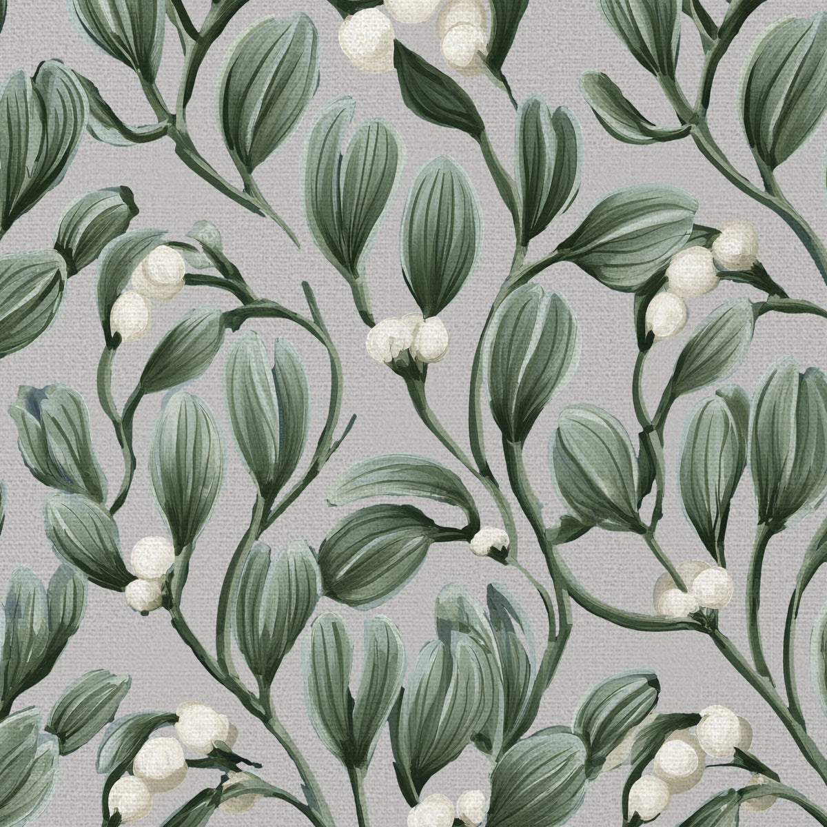 Close-up of the Mistletoe table runner print in silver grey on cotton, showing sprigs of mistletoe with white berries