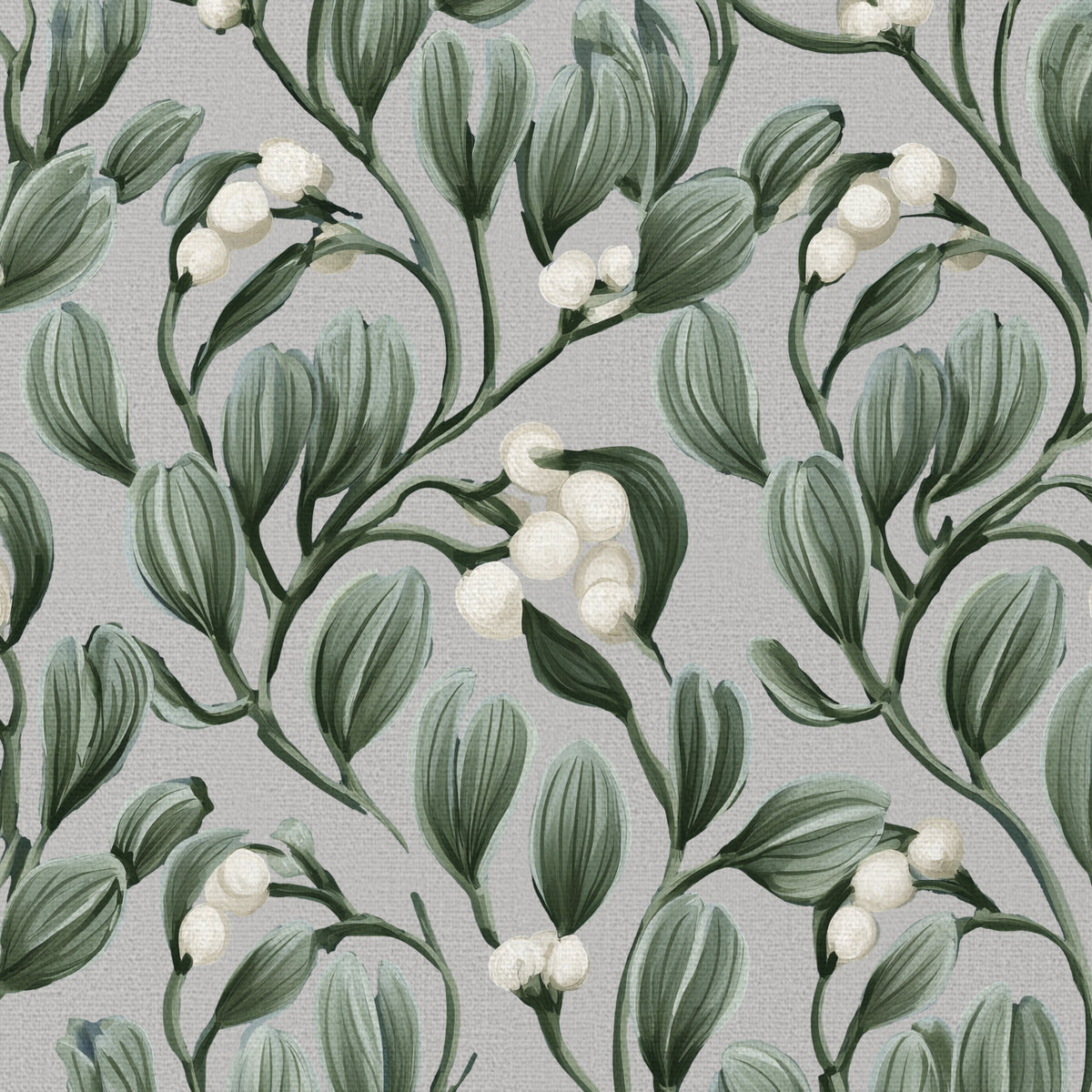 Close-up of the Mistletoe Christmas tablecloth print in silver grey on cotton, showing sprigs of mistletoe with white berries