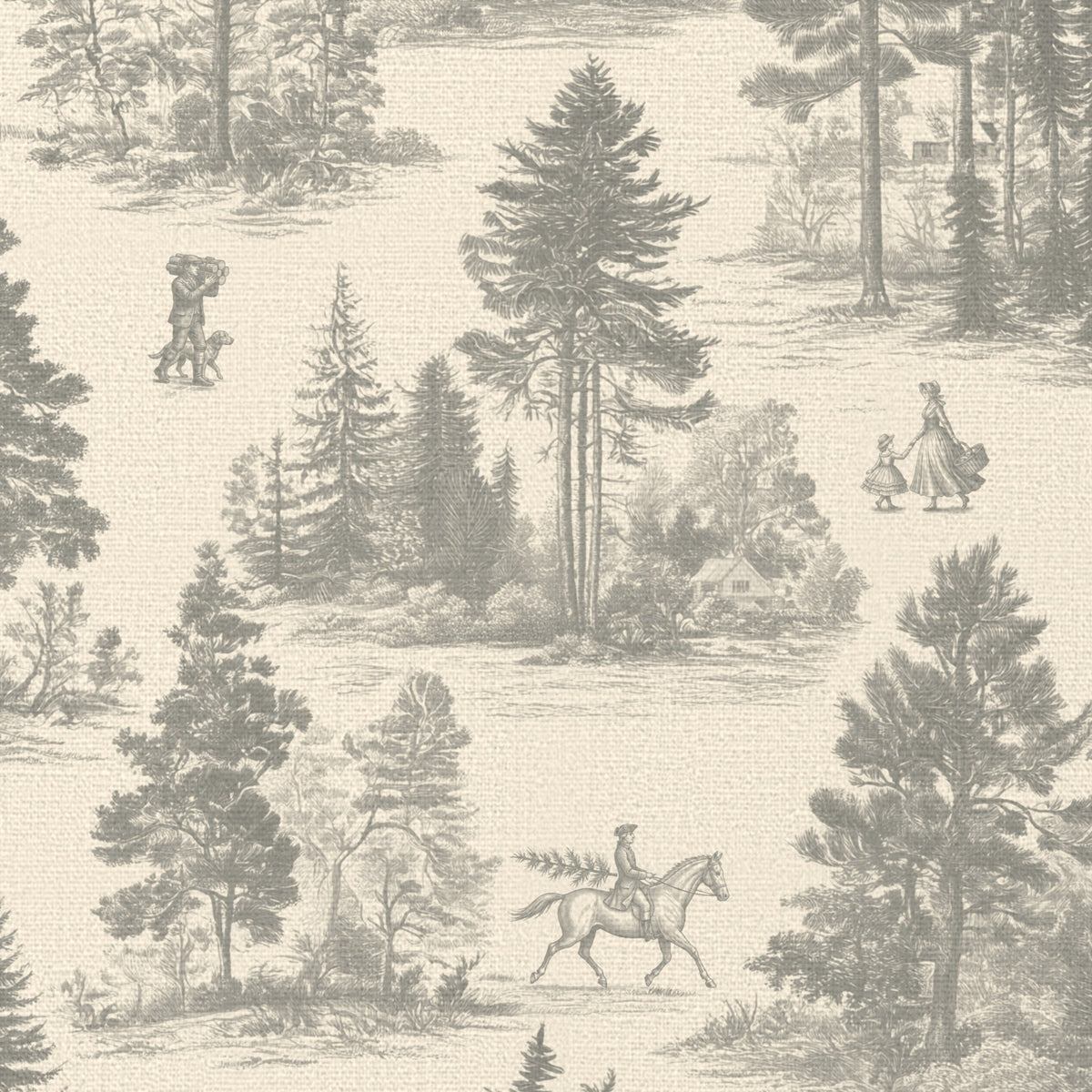 Close-up of the Fir Forest Toile Christmas napkin print in silver grey on ivory cotton, showing fir trees and a rider