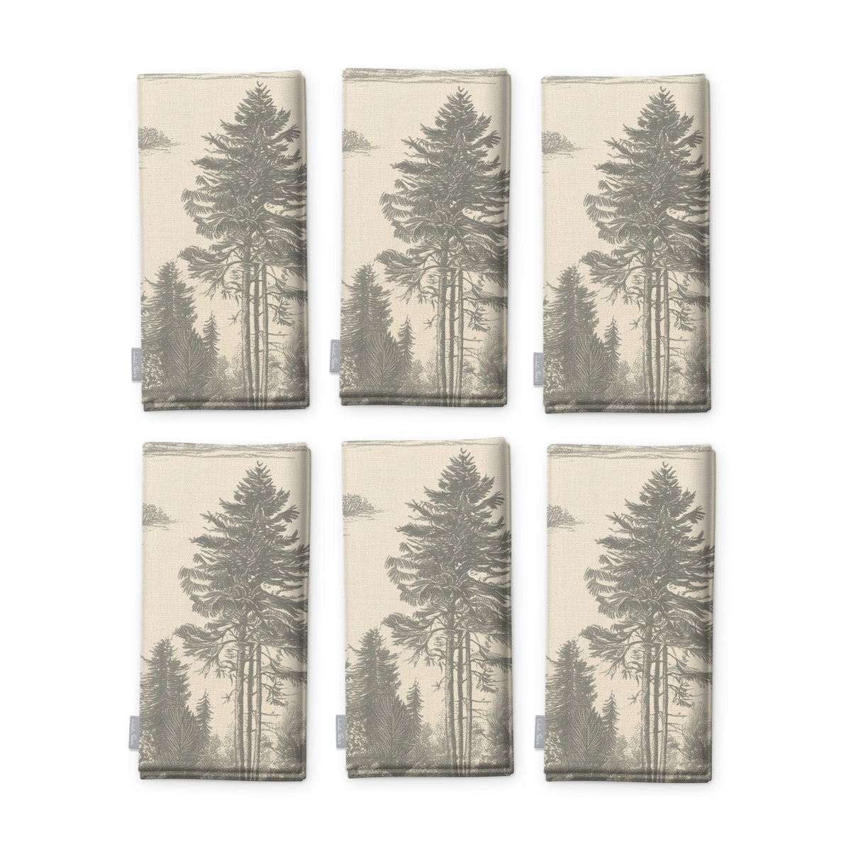 Fir Forest Toile Christmas napkins in silver grey on ivory, set of six folded napkins showing the same tall fir tree