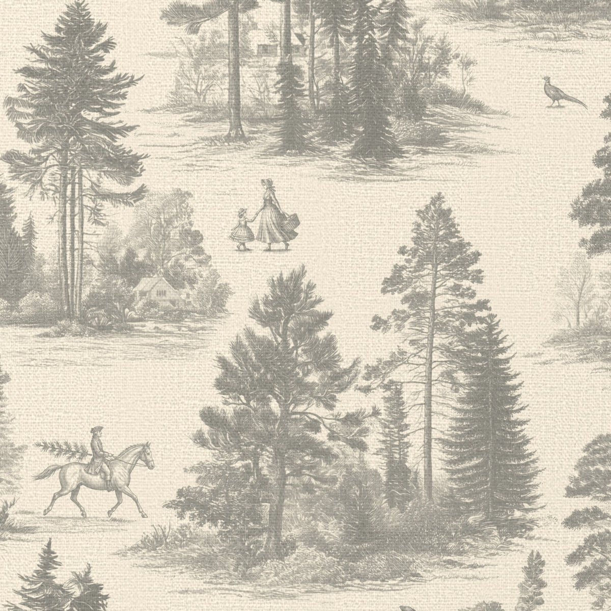 Close-up of the Fir Forest Toile Christmas table runner print in silver grey on ivory cotton, showing fir trees and a rider