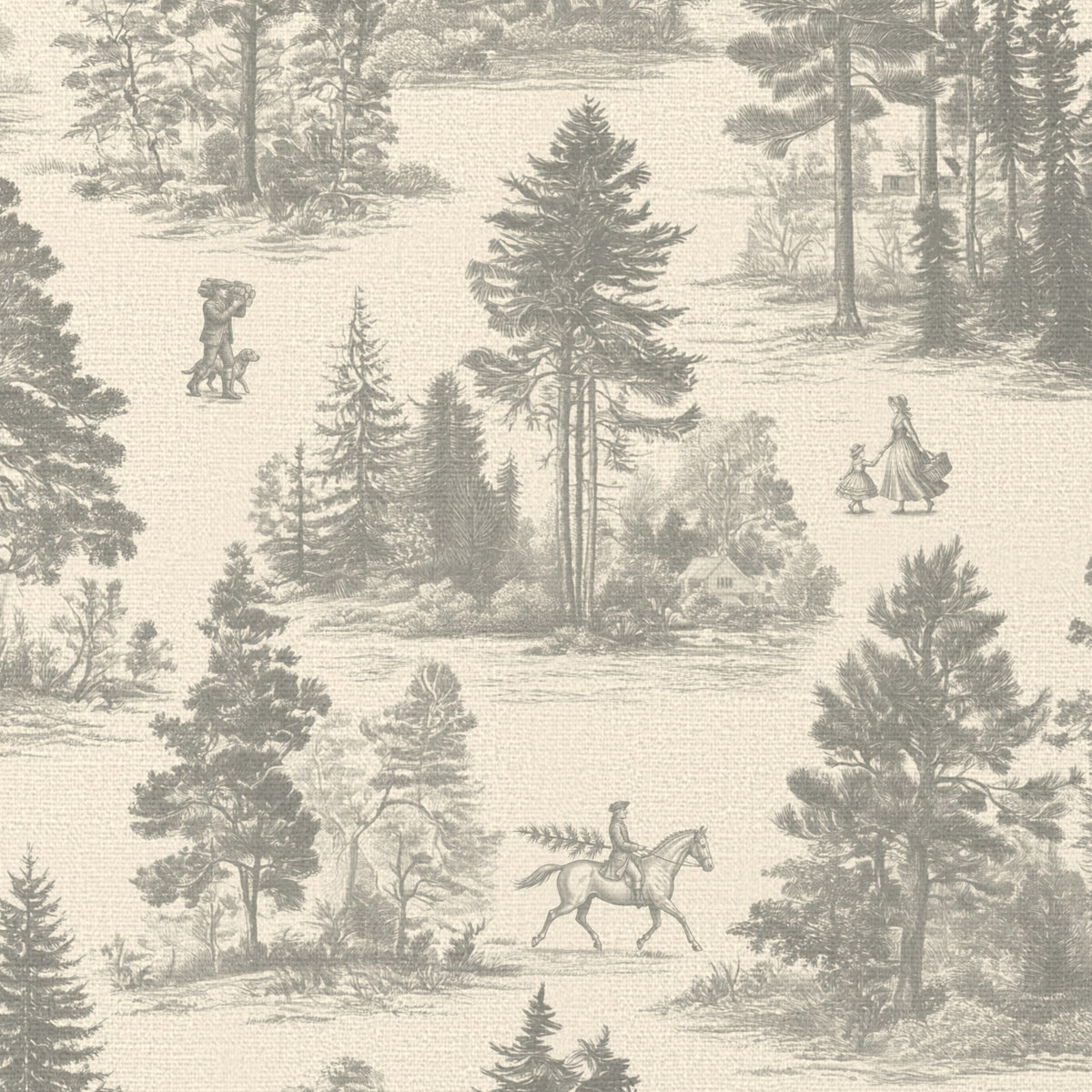 Close-up of the Fir Forest Toile Christmas tablecloth print in silver grey on ivory cotton, showing fir trees and a rider