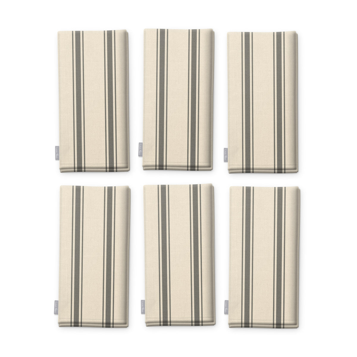 Ticking Stripe Christmas napkins in silver grey on ivory, set of six, folded on white, showing the same fine ticking stripes