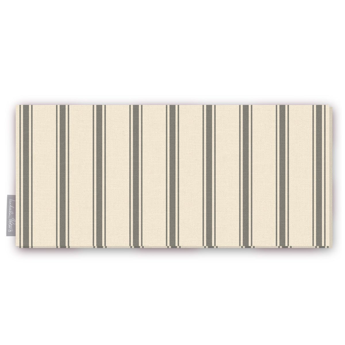 Ticking Stripe Christmas table runner in silver grey on ivory, folded on white, showing fine ticking stripes