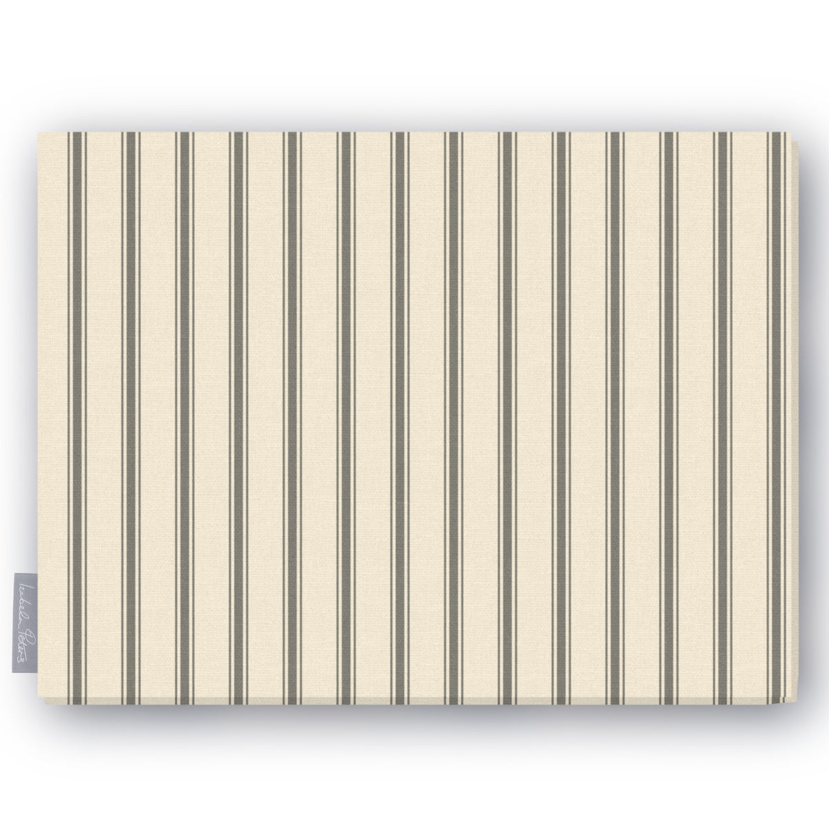 Ticking Stripe Christmas tablecloth in silver grey on ivory, folded on white, showing fine ticking stripes