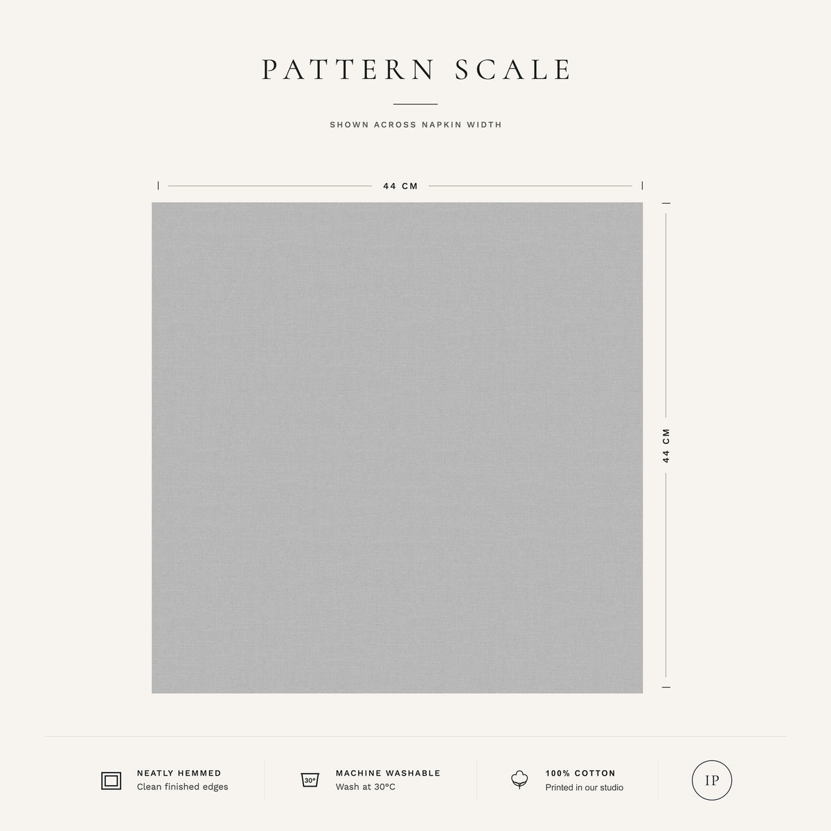 Silver Plain Christmas napkin pattern scale, showing the full 44 cm by 44 cm design.