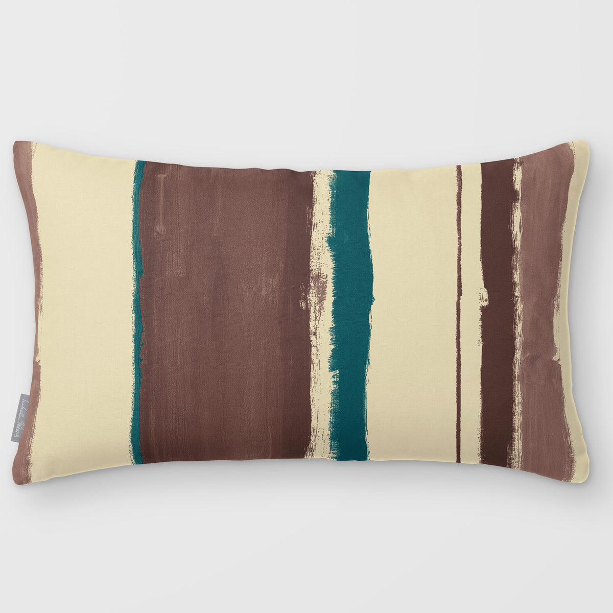 Unequal Stripe Cocoa & Teal linen-look 50 × 30 cm rectangular cushion, plain sewn edge, front view.