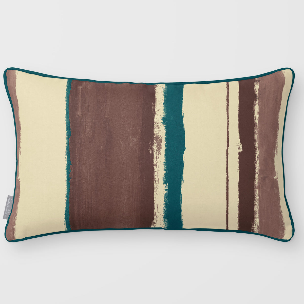 Unequal Stripe Cocoa & Teal linen-look 50 × 30 cm rectangular cushion, piped, front view.