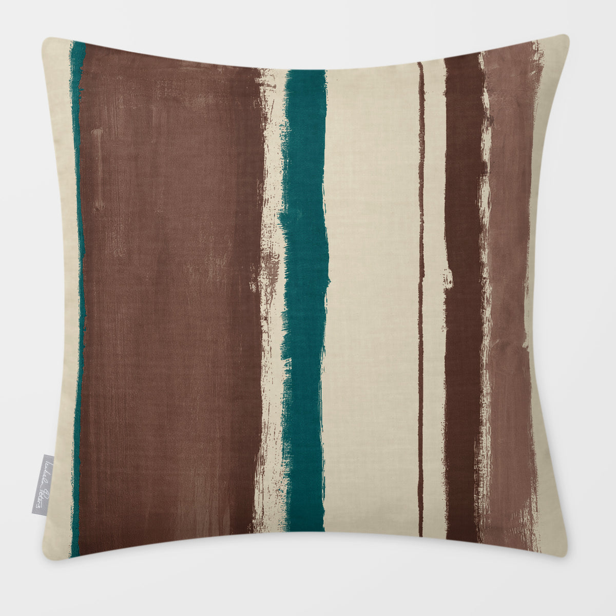 Unequal Stripe Cocoa & Teal linen-look square cushion, plain sewn edge, front view.