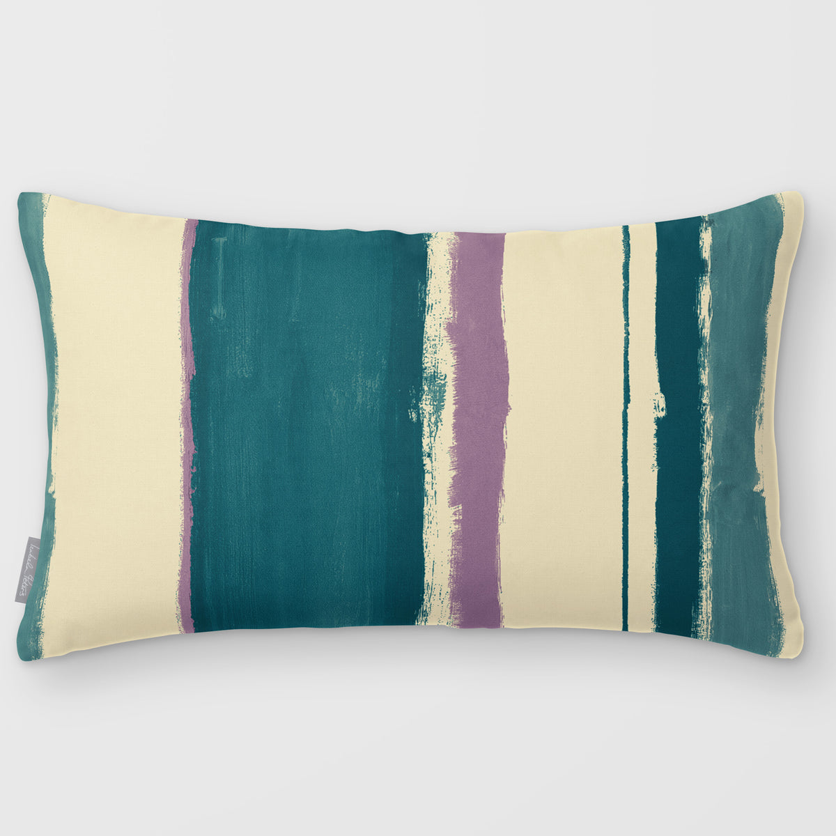 Unequal Stripe Ink Blue & Lilac linen-look 50 × 30 cm rectangular cushion, plain sewn edge, front view.