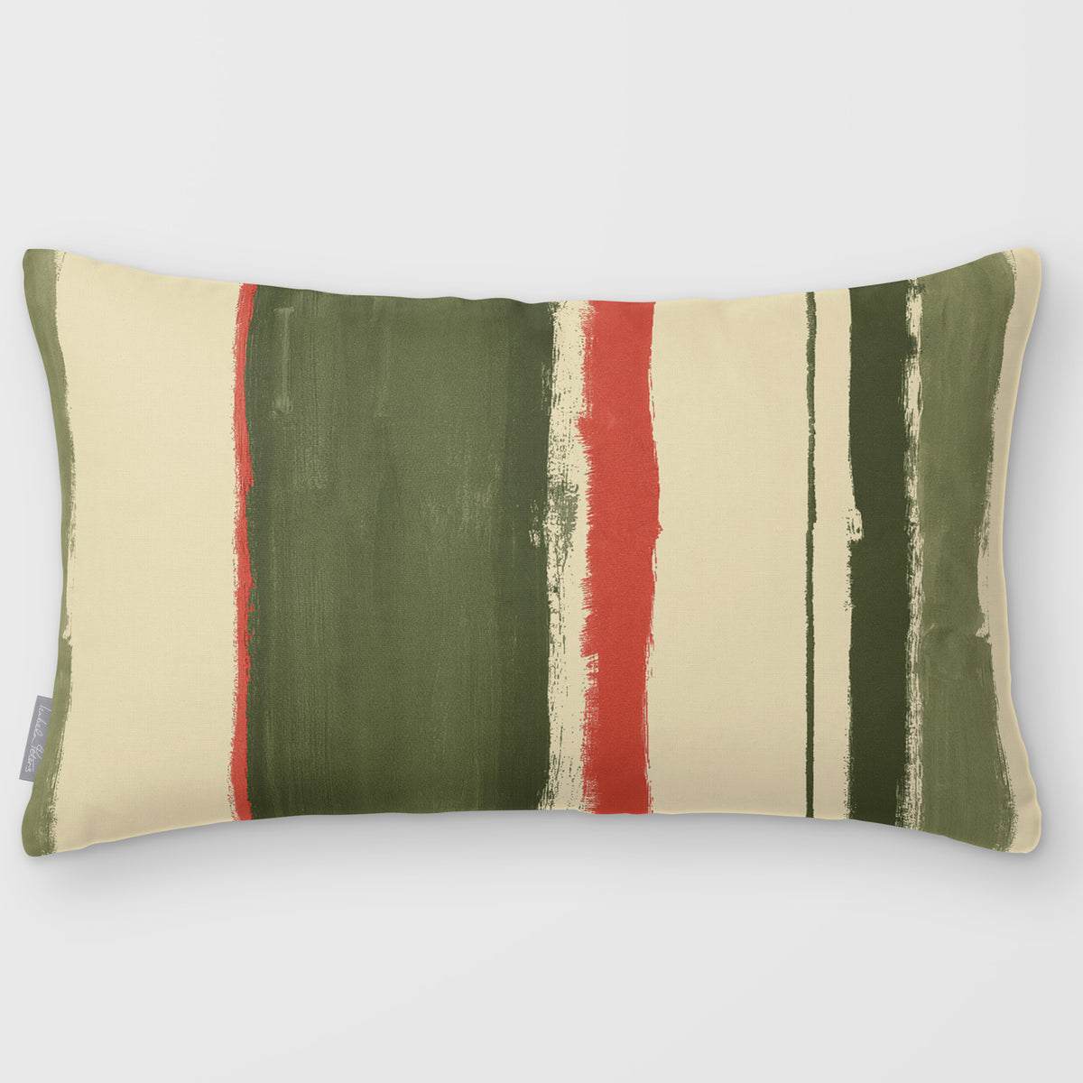 Unequal Stripe Olive & Tomato linen-look 50 × 30 cm rectangular cushion, plain sewn edge, front view.