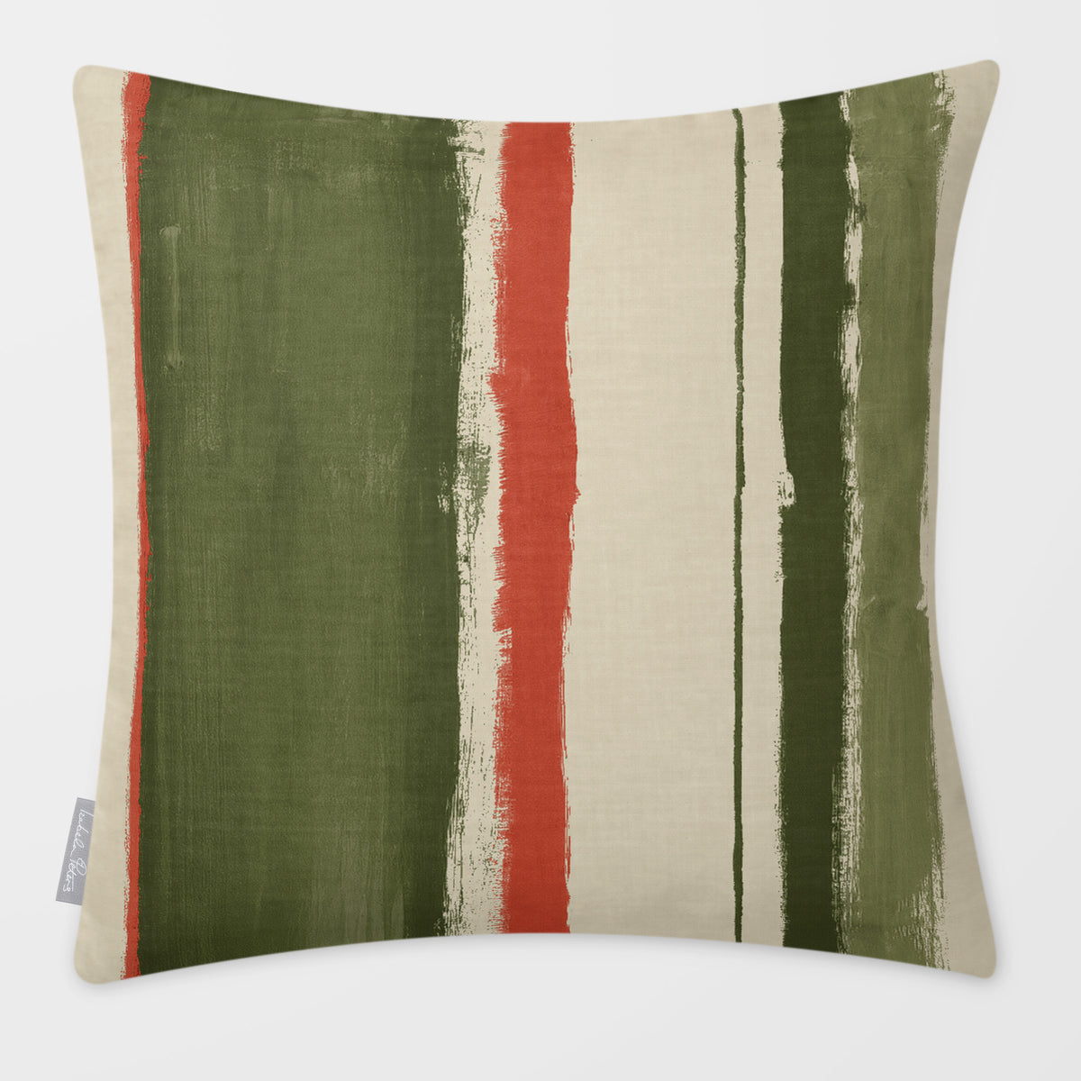 Unequal Stripe Olive & Tomato linen-look square cushion, plain sewn edge, front view.