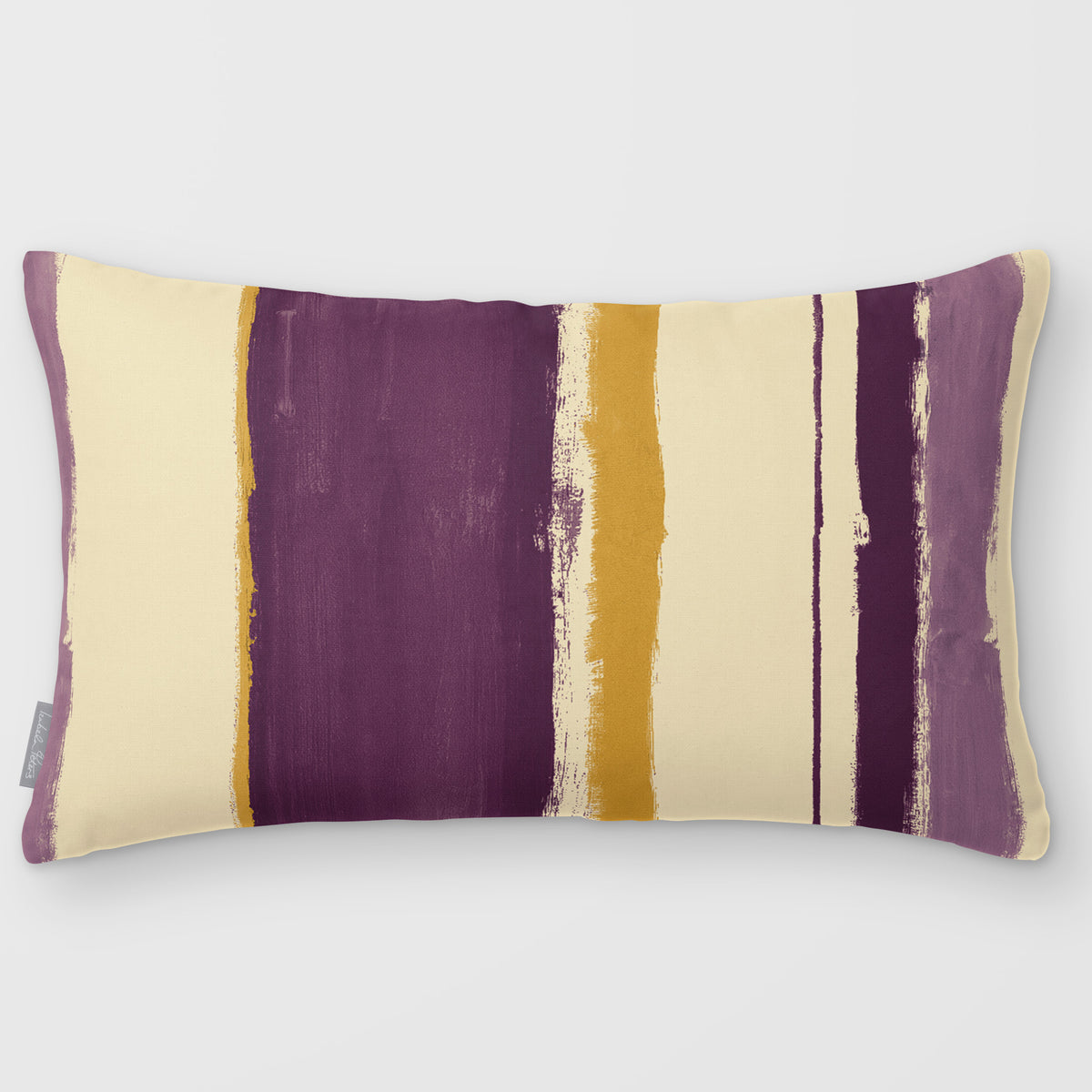 Unequal Stripe Plum & Saffron linen-look 50 × 30 cm rectangular cushion, plain sewn edge, front view.