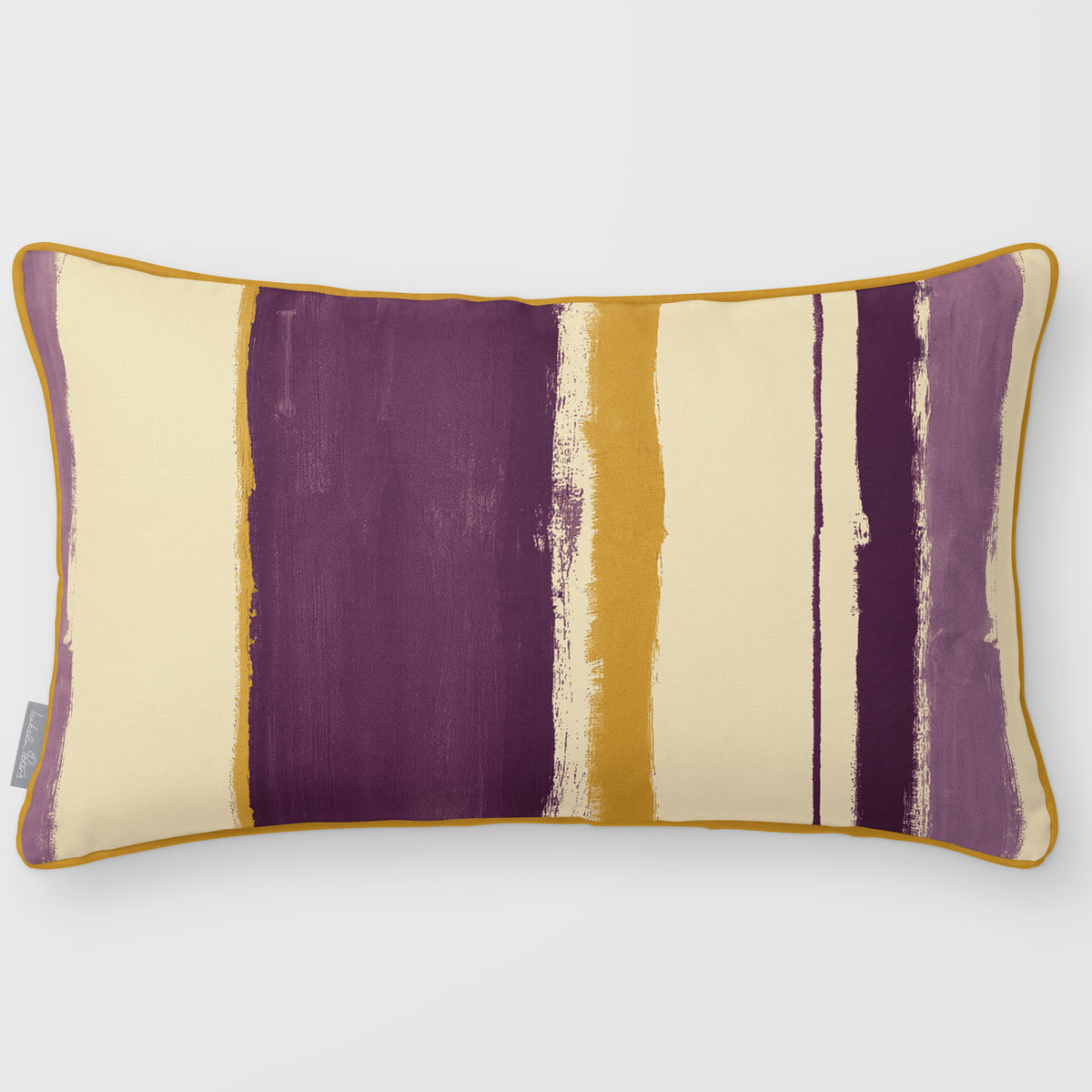 Unequal Stripe Plum & Saffron linen-look 50 × 30 cm rectangular cushion, piped, front view.