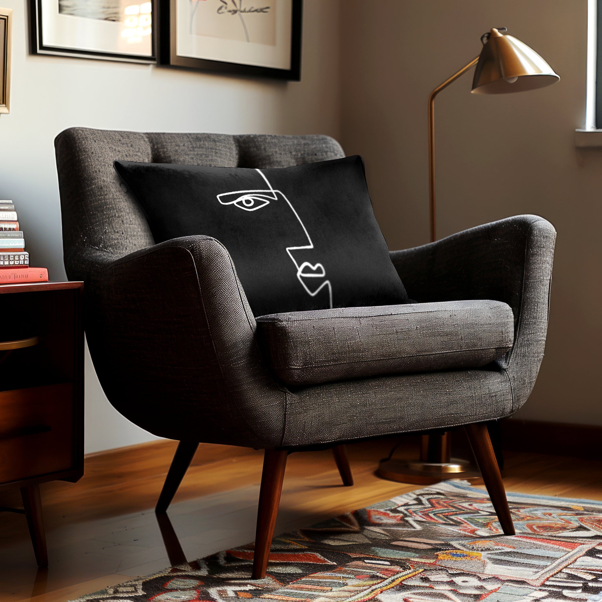 Angular Face | Sustainable Velvet Rectangle Cushion - Black and White 50 x 30 cm Cover Only by Izabela Peters