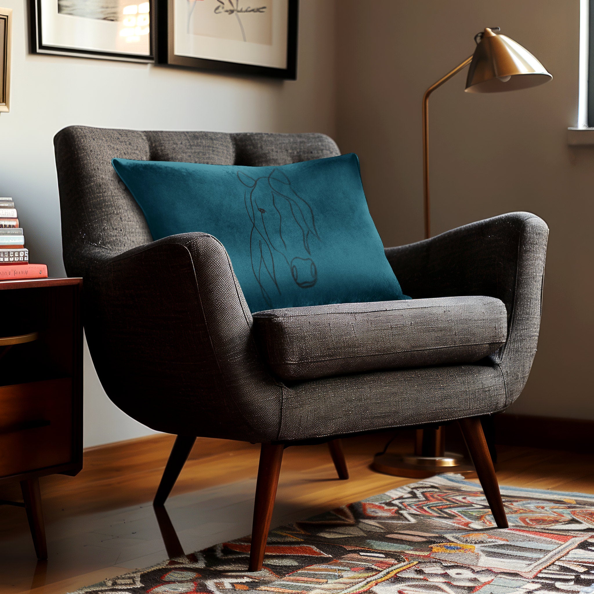 Horse | Sustainable Velvet Rectangle Cushion - Teal 50 x 30 cm Cover Only by Izabela Peters