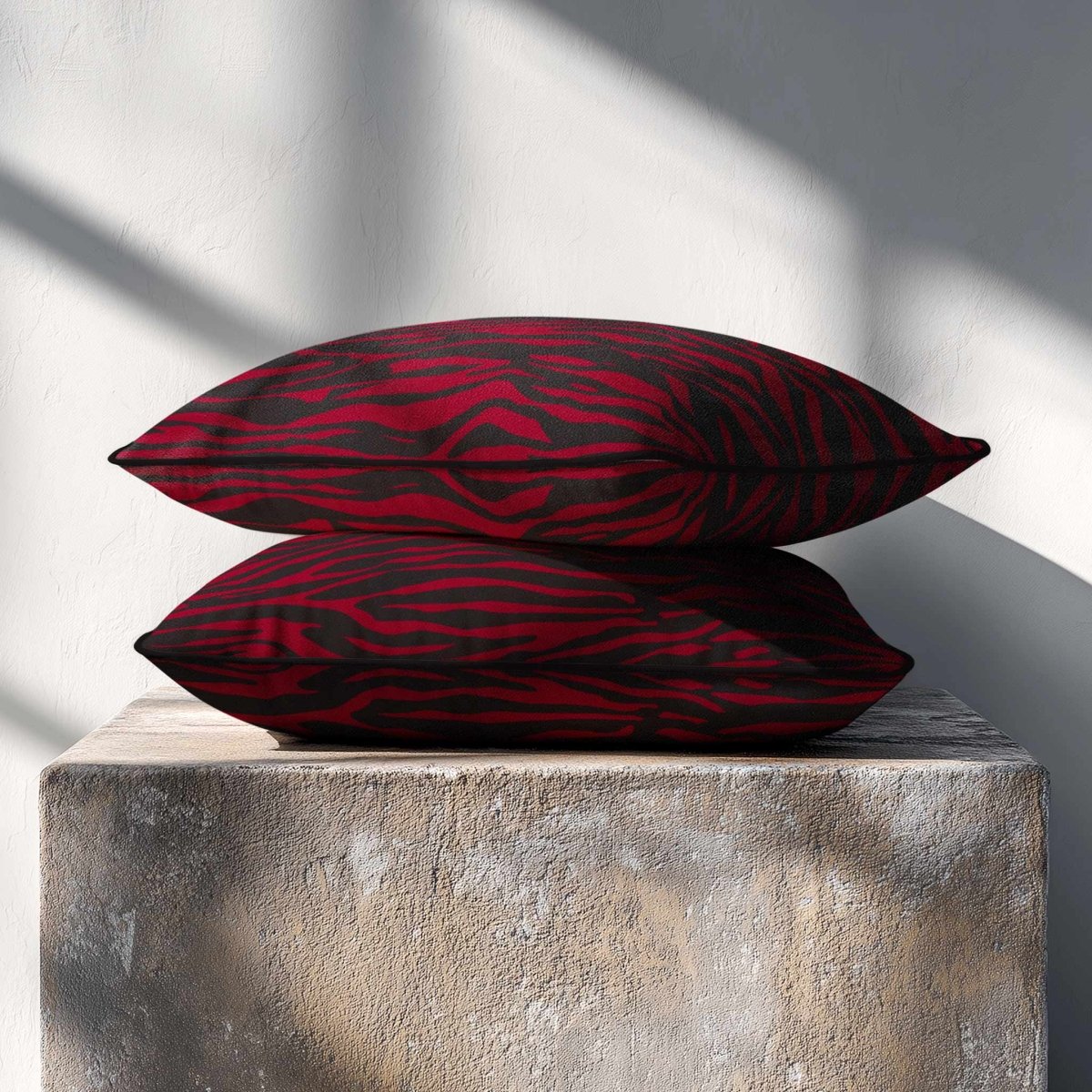 Zebra Print | Sustainable Velvet Rectangle Cushion - Raspberry Red 50 x 30 cm Piped by Izabela Peters