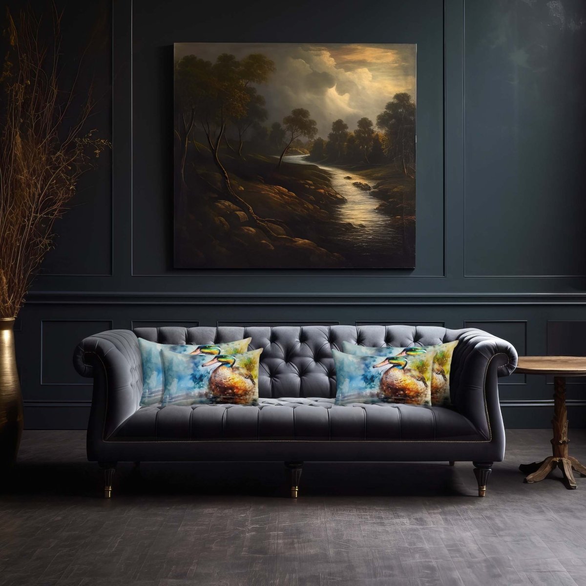 Mallard on Wilfin Beck | Sustainable Velvet Rectangle Cushion - 50 x 30 cm Cover Only Multicoloured by Izabela Peters