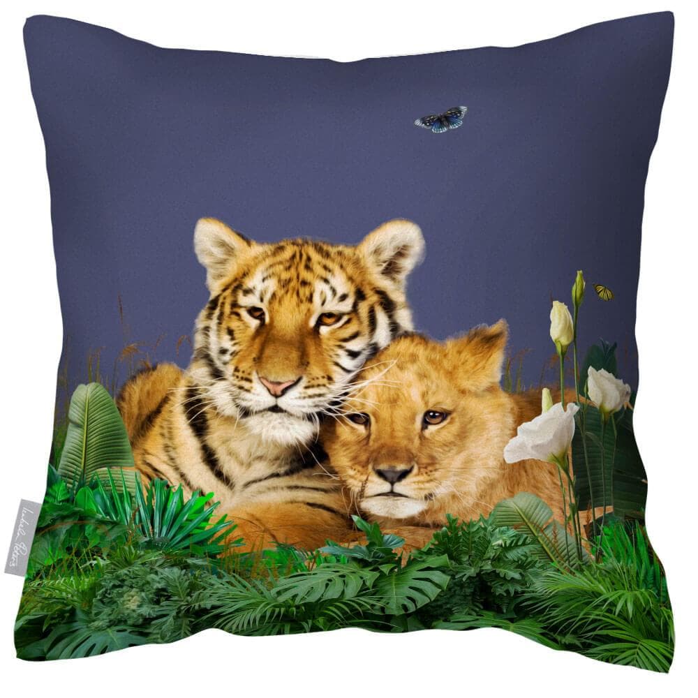 Outdoor Garden Waterproof Cushion - Big Cat Family - White 50 x 50 cm by Izabela Peters