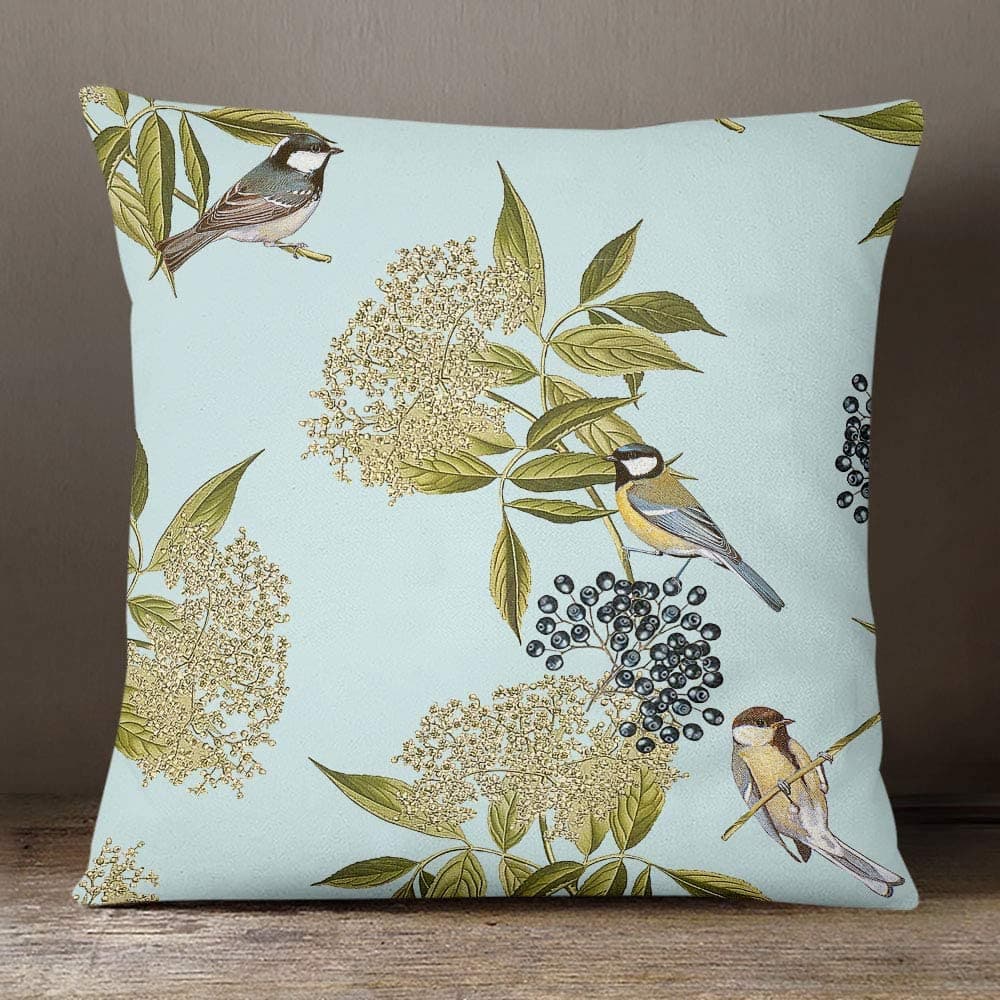Outdoor Garden Waterproof Cushion - Bird on Elderflower - Duck Egg 50 x 50 cm by Izabela Peters