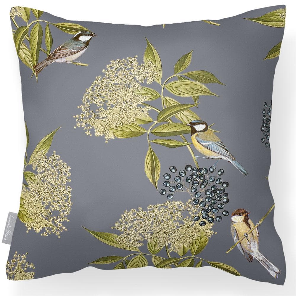 Outdoor Garden Waterproof Cushion - Bird on Elderflower - Grey 50 x 50 cm by Izabela Peters