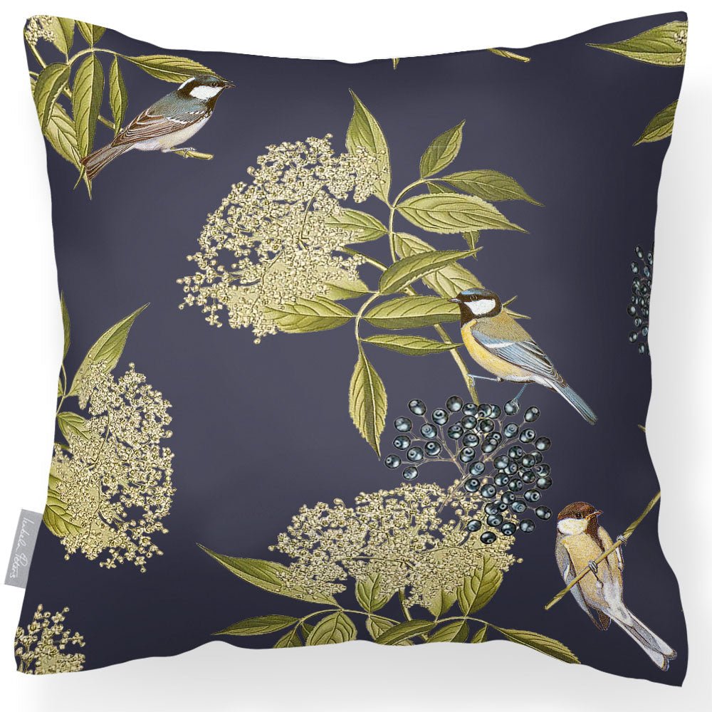 Outdoor Garden Waterproof Cushion - Bird on Elderflower - Graphite 50 x 50 cm by Izabela Peters