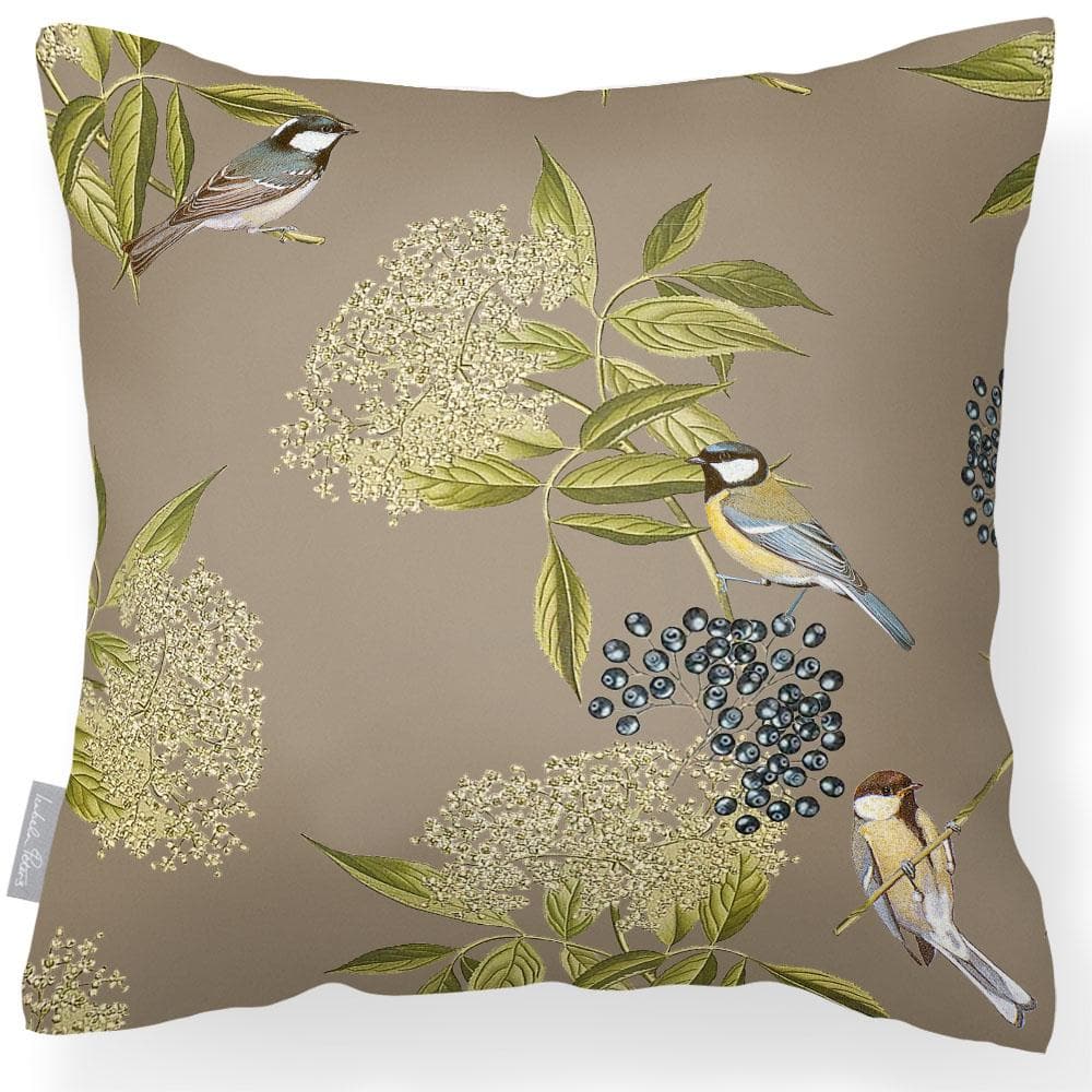Outdoor Garden Waterproof Cushion - Bird on Elderflower - Taupe 50 x 50 cm by Izabela Peters
