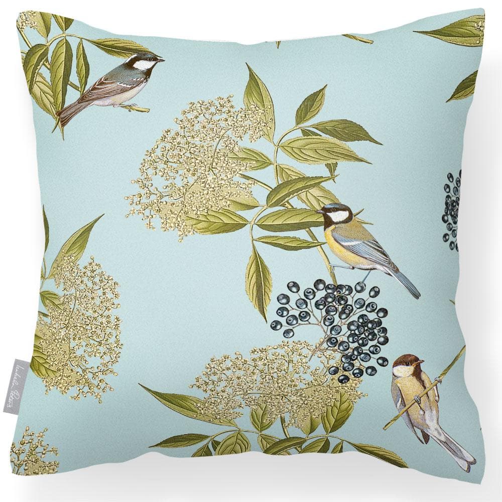Outdoor Garden Waterproof Cushion - Bird on Elderflower - Duck Egg 50 x 50 cm by Izabela Peters
