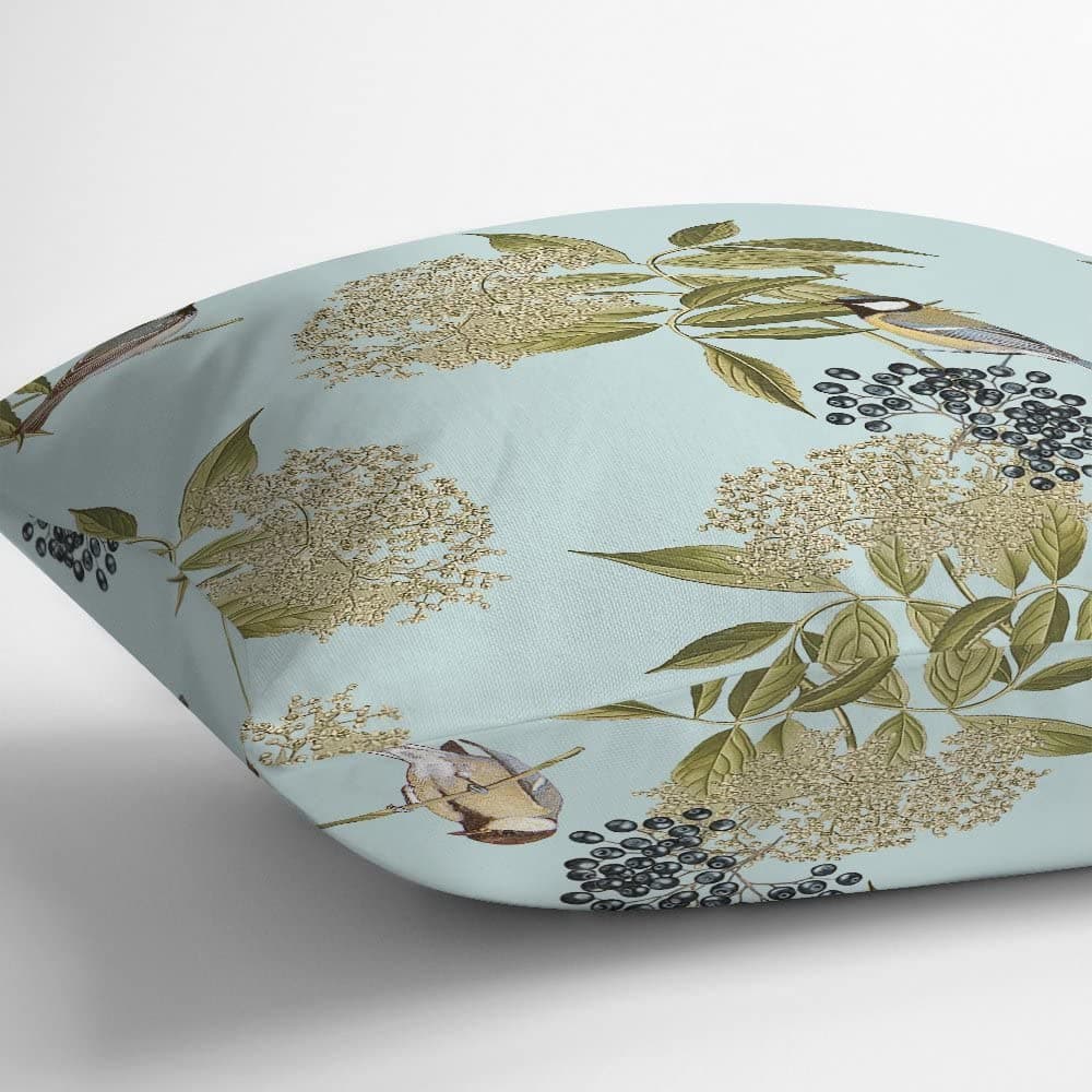 Outdoor Garden Waterproof Cushion - Bird on Elderflower - Duck Egg 50 x 50 cm by Izabela Peters