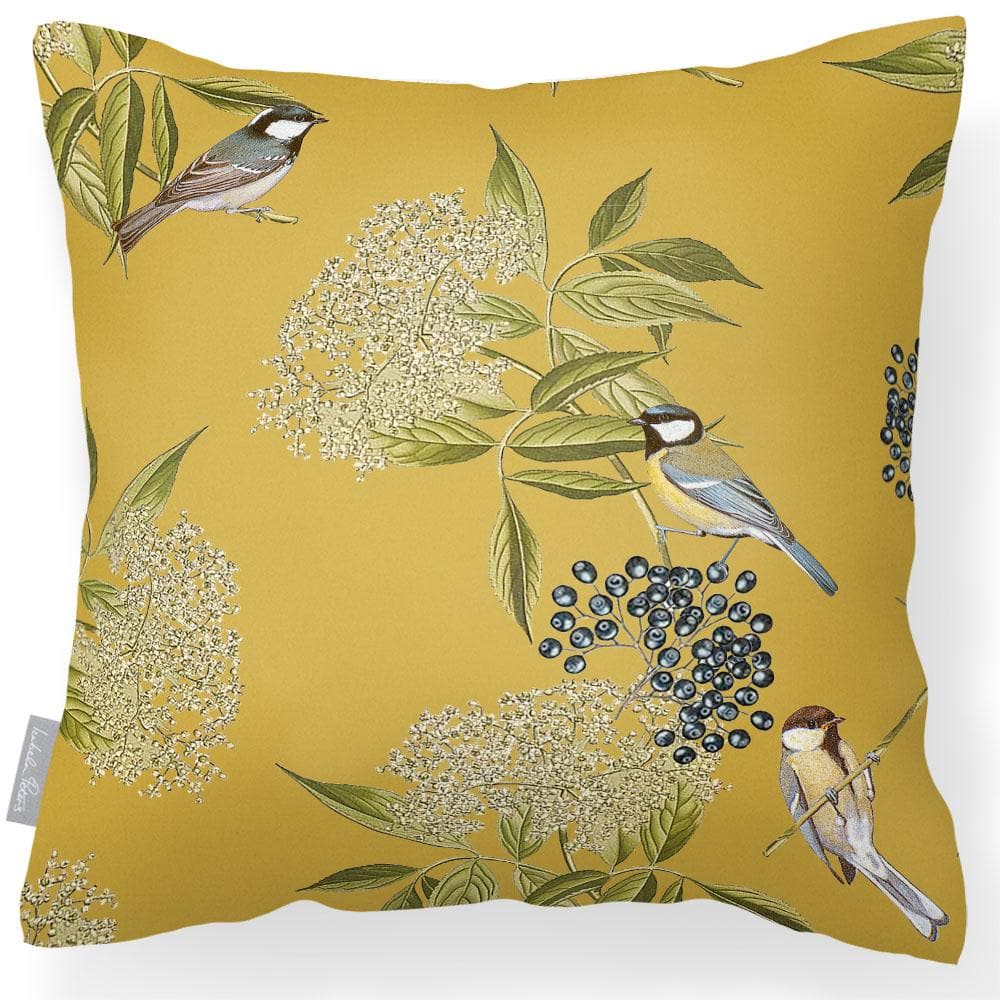 Outdoor Garden Waterproof Cushion - Bird on Elderflower - Mustard 50 x 50 cm by Izabela Peters