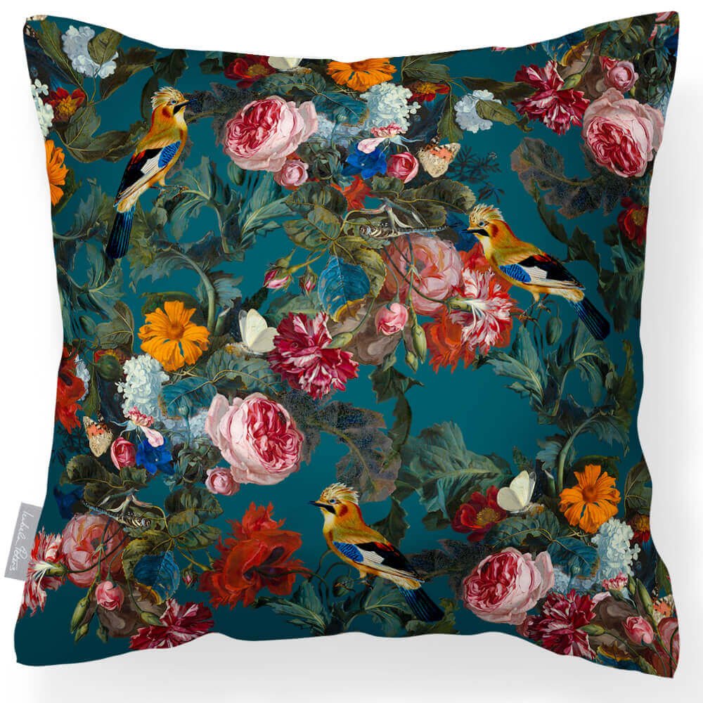 Outdoor Garden Waterproof Cushion - Birds In Paradise - Teal 45 x 45 cm by Izabela Peters