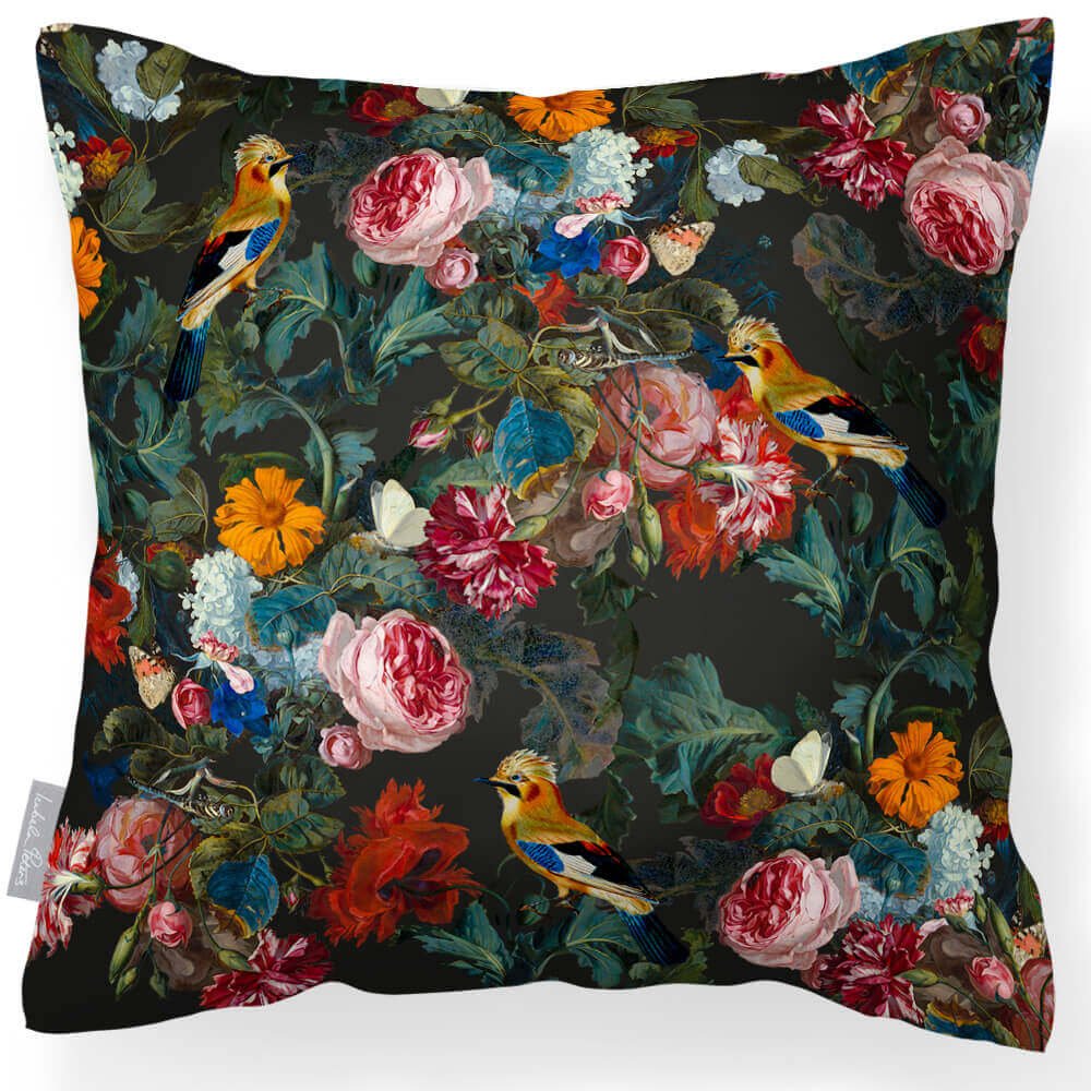 Outdoor Garden Waterproof Cushion - Birds In Paradise - Charcoal 45 x 45 cm by Izabela Peters