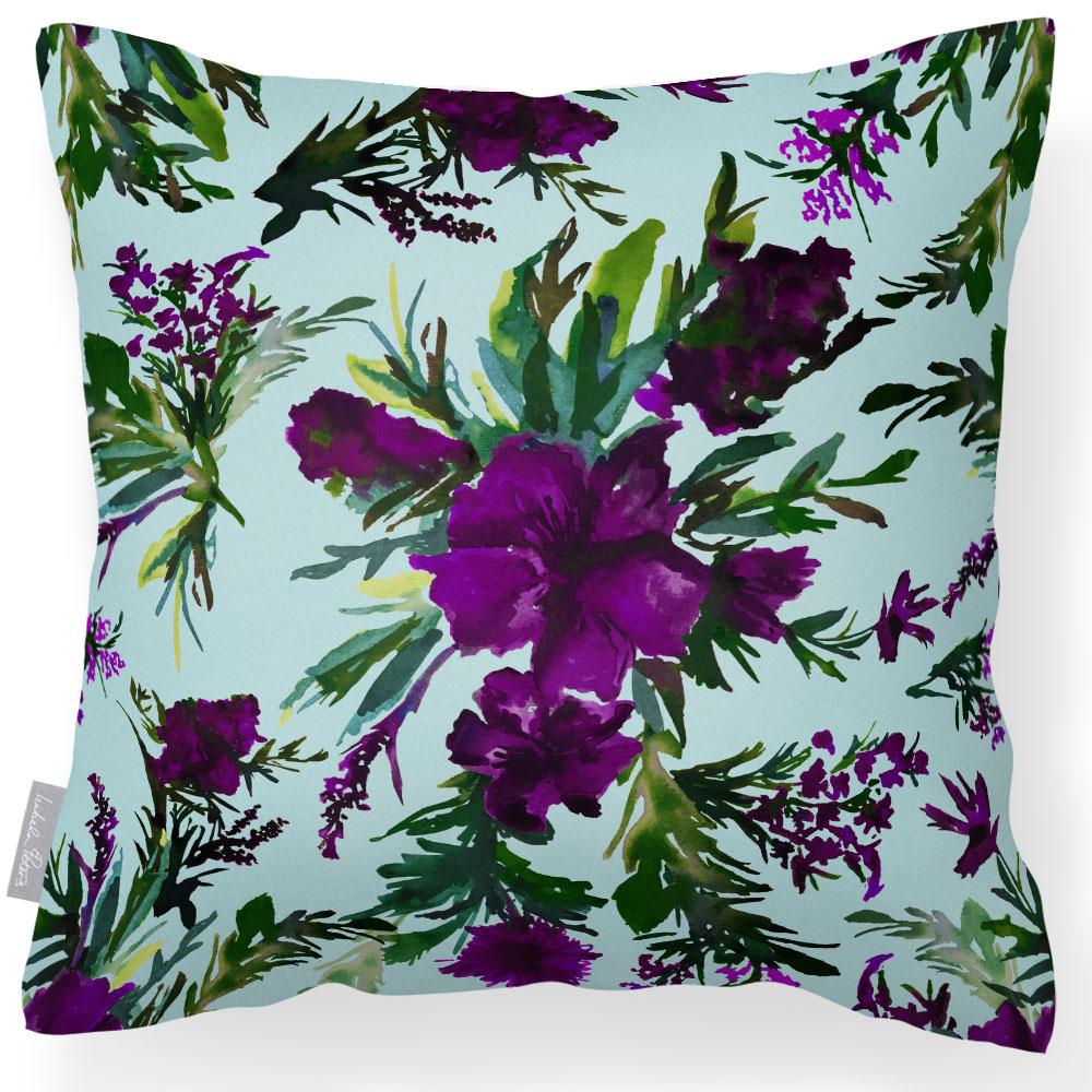 Outdoor Garden Waterproof Cushion - Floral Display - Violet on Duck Egg 50 x 50 cm by Izabela Peters