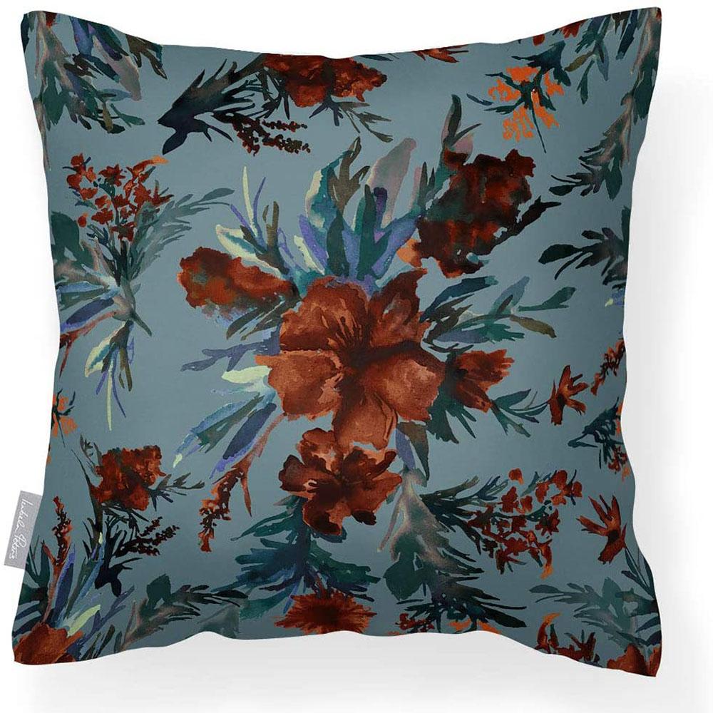 Outdoor Garden Waterproof Cushion - Floral Display - Orange Rust on Teal 50 x 50 cm by Izabela Peters
