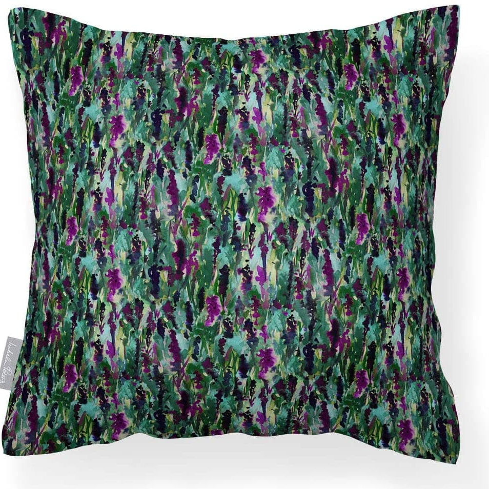 Outdoor Garden Waterproof Cushion - Floral Meadow - Violet on Shades of Forrest Green 50 x 50 cm by Izabela Peters