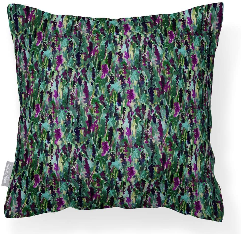 Outdoor Garden Waterproof Cushion - Floral Meadow - Violet on Shades of Forrest Green 50 x 50 cm by Izabela Peters