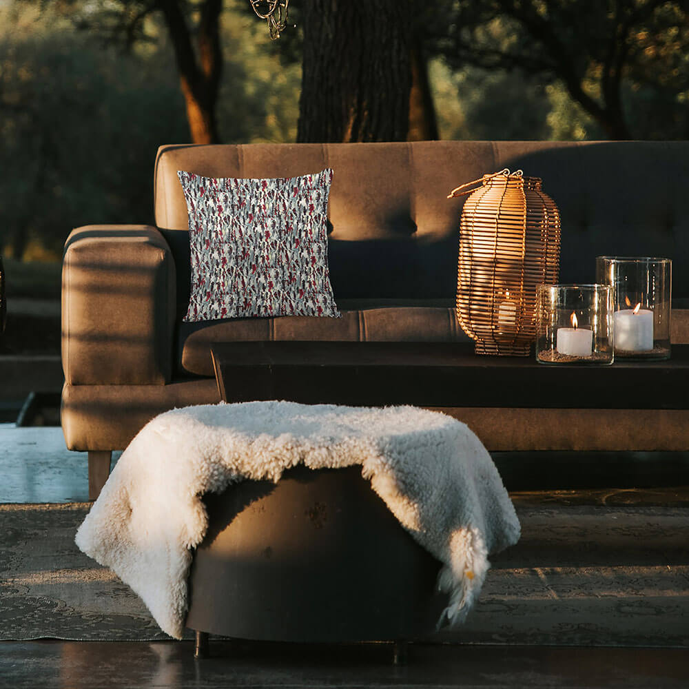 Outdoor Garden Waterproof Cushion - Floral Meadow - Garnet Red on Gainsboro Grey 50 x 50 cm by Izabela Peters