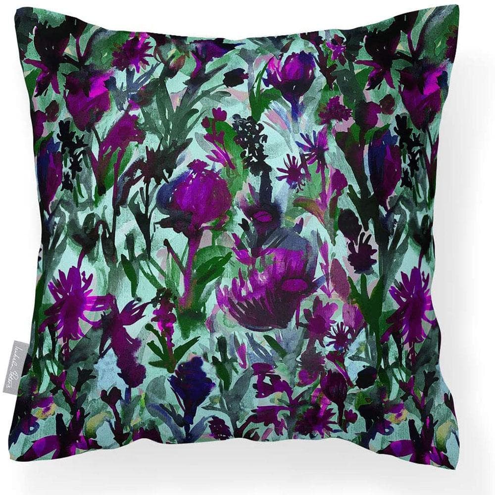 Outdoor Garden Waterproof Cushion - Herbaceous Border - Violet on Shades of Forrest Green 50 x 50 cm by Izabela Peters