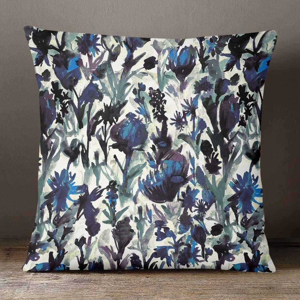 Outdoor Garden Waterproof Cushion - Herbaceous Border - Shades of Sapphire on Gainsboro Grey 50 x 50 cm by Izabela Peters