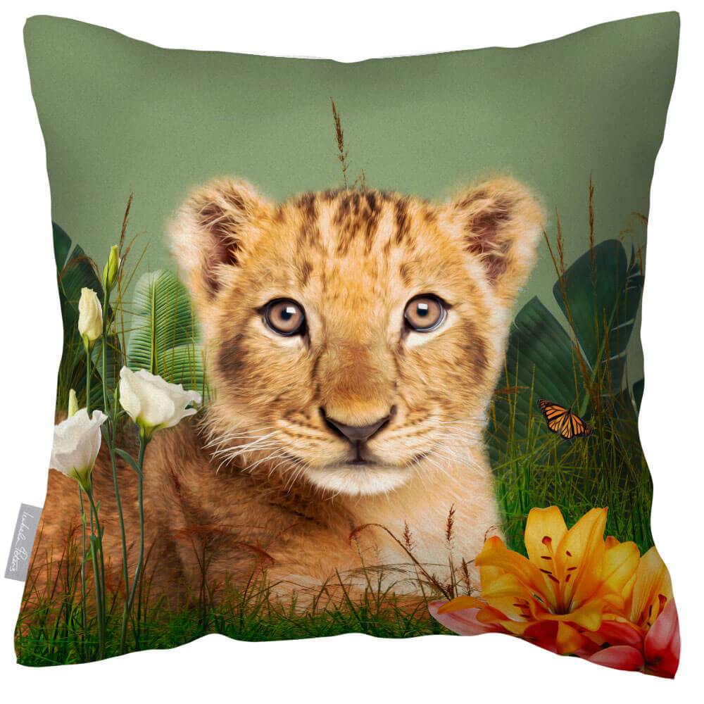 Outdoor Garden Waterproof Cushion - Jungle Lion Cub - Sage 50 x 50 cm by Izabela Peters