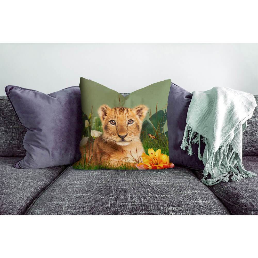 Outdoor Garden Waterproof Cushion - Jungle Lion Cub - Sage 50 x 50 cm by Izabela Peters