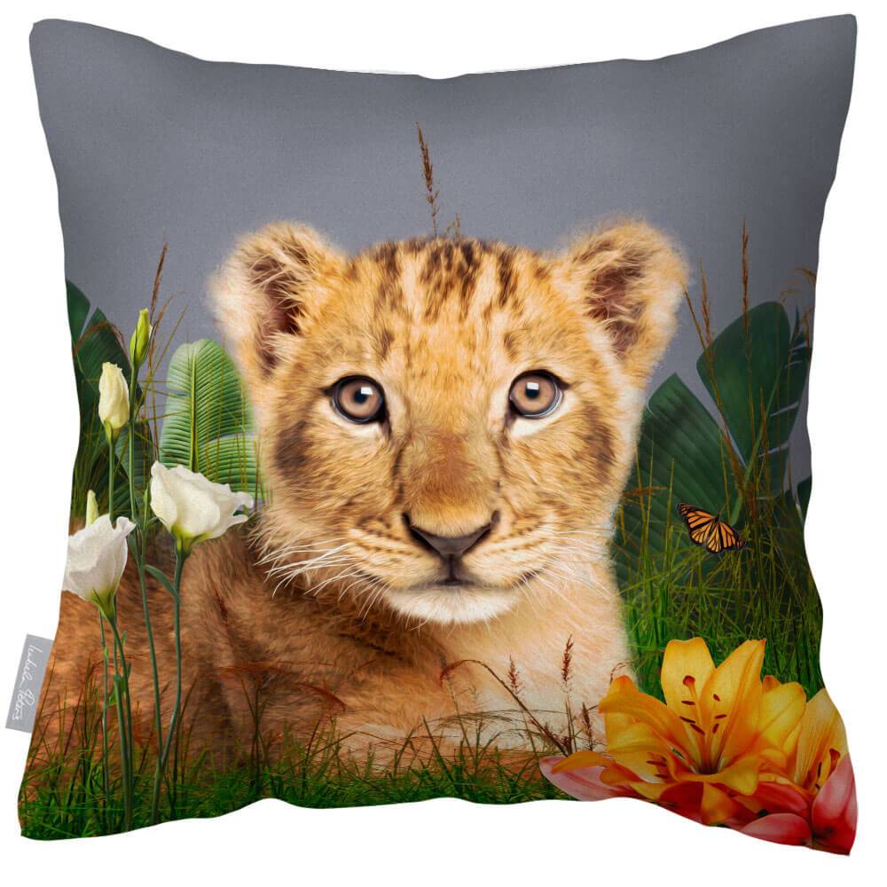 Outdoor Garden Waterproof Cushion - Jungle Lion Cub in Grey 50 x 50 cm | Izabela Peters