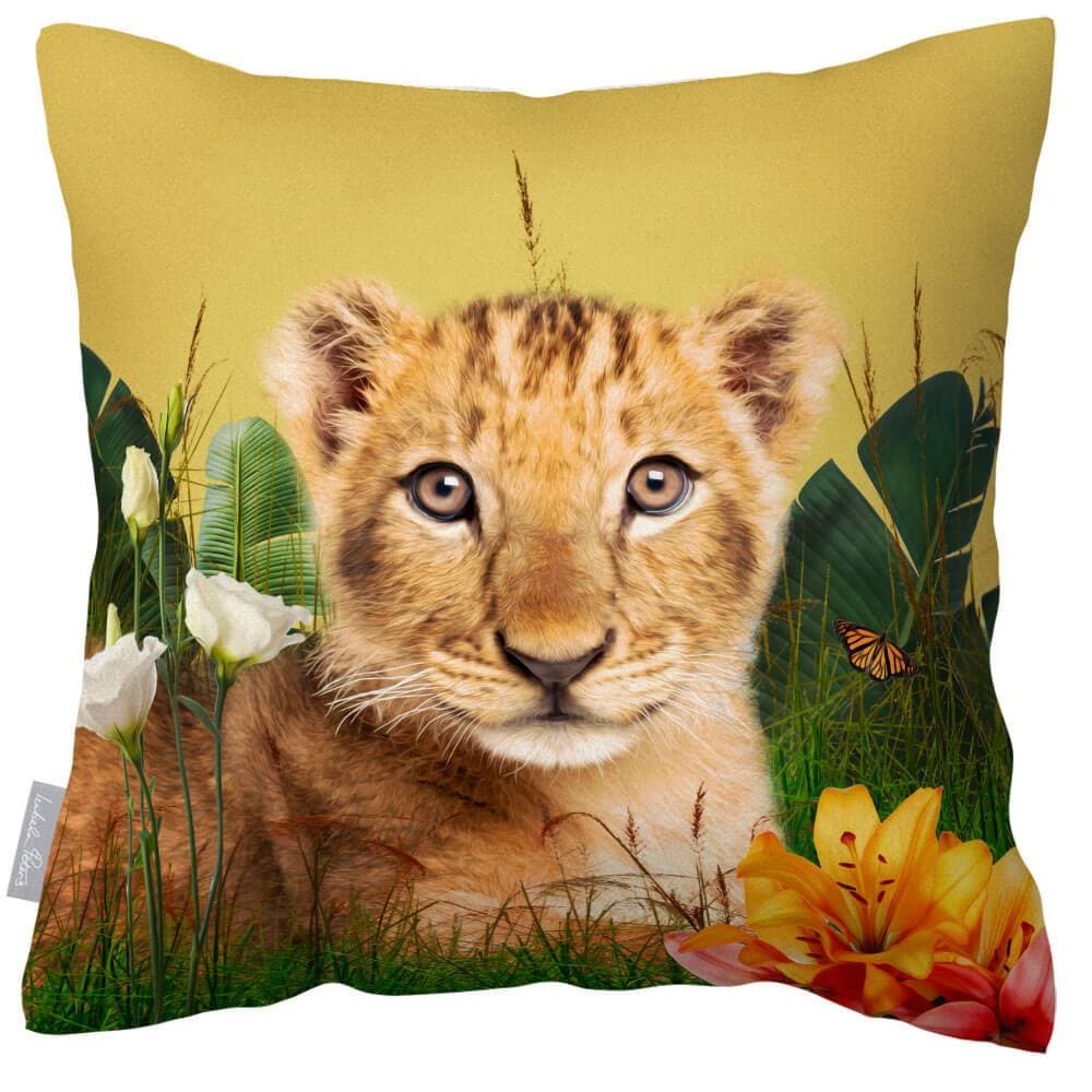 Outdoor Garden Waterproof Cushion - Jungle Lion Cub - Mustard 50 x 50 cm by Izabela Peters