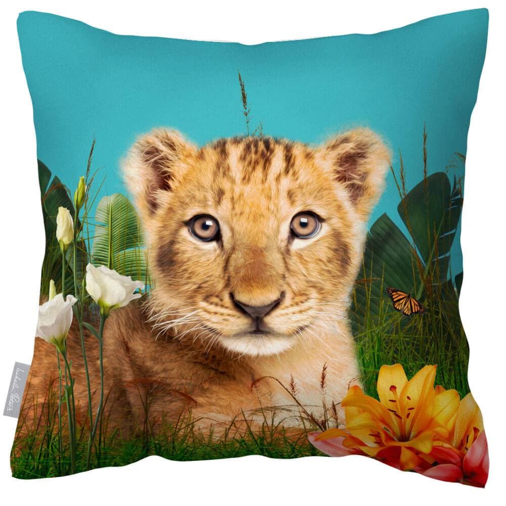 Outdoor Garden Waterproof Cushion - Jungle Lion Cub - Prussian Blue 50 x 50 cm by Izabela Peters