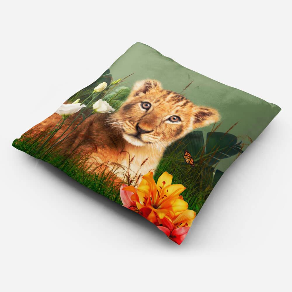 Outdoor Garden Waterproof Cushion - Jungle Lion Cub - Sage 50 x 50 cm by Izabela Peters