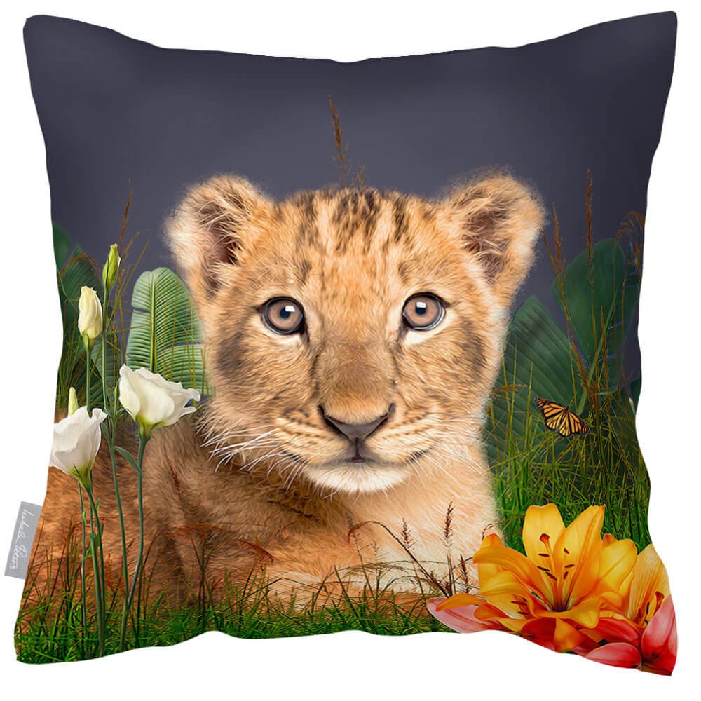 Outdoor Garden Waterproof Cushion - Jungle Lion Cub - Graphite 50 x 50 cm by Izabela Peters