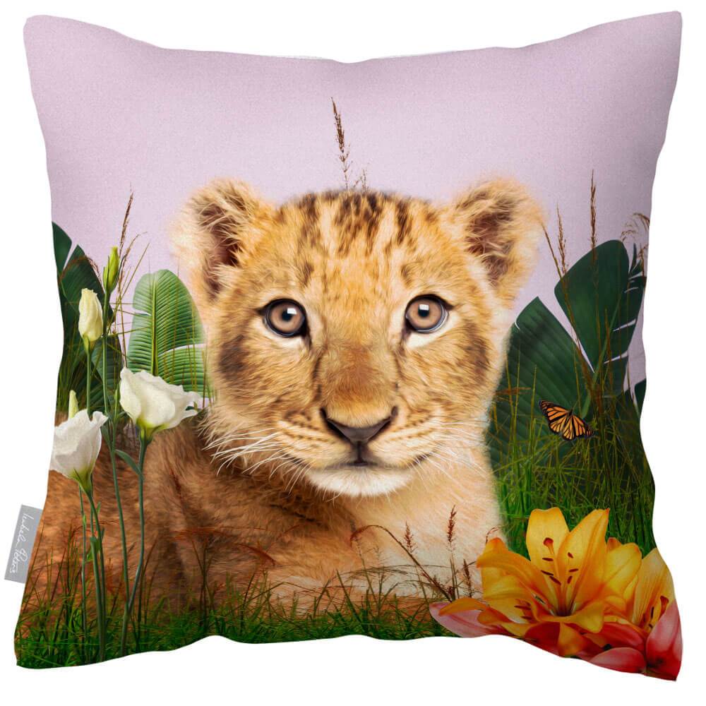 Outdoor Garden Waterproof Cushion - Jungle Lion Cub - Blush Pink 50 x 50 cm by Izabela Peters