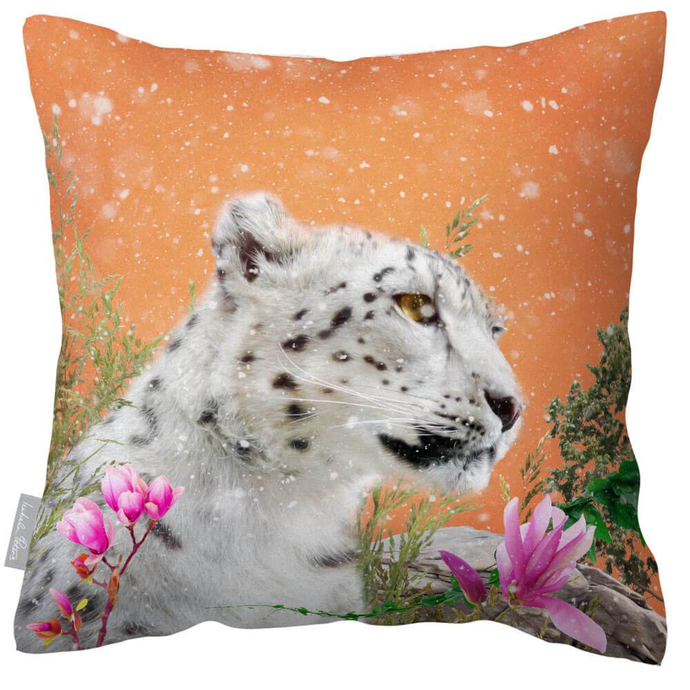Outdoor Garden Waterproof Cushion - Majestic Snow Leopard - Burnt Orange 50 x 50 cm by Izabela Peters