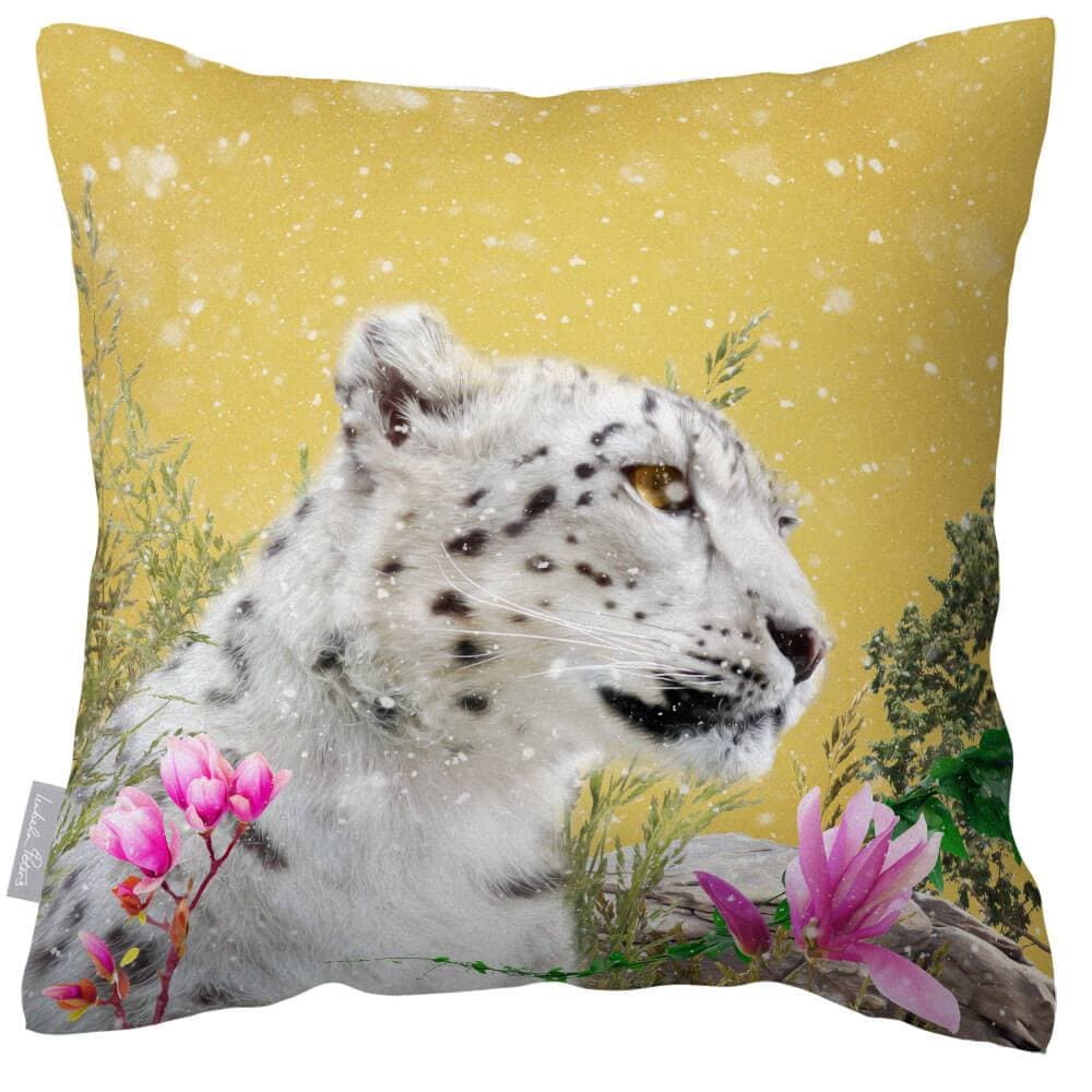 Outdoor Garden Waterproof Cushion - Majestic Snow Leopard - Mustard 50 x 50 cm by Izabela Peters